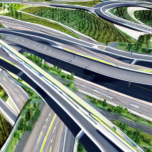 Prompt: multi layer highway interchange, infinite freeway, city forever