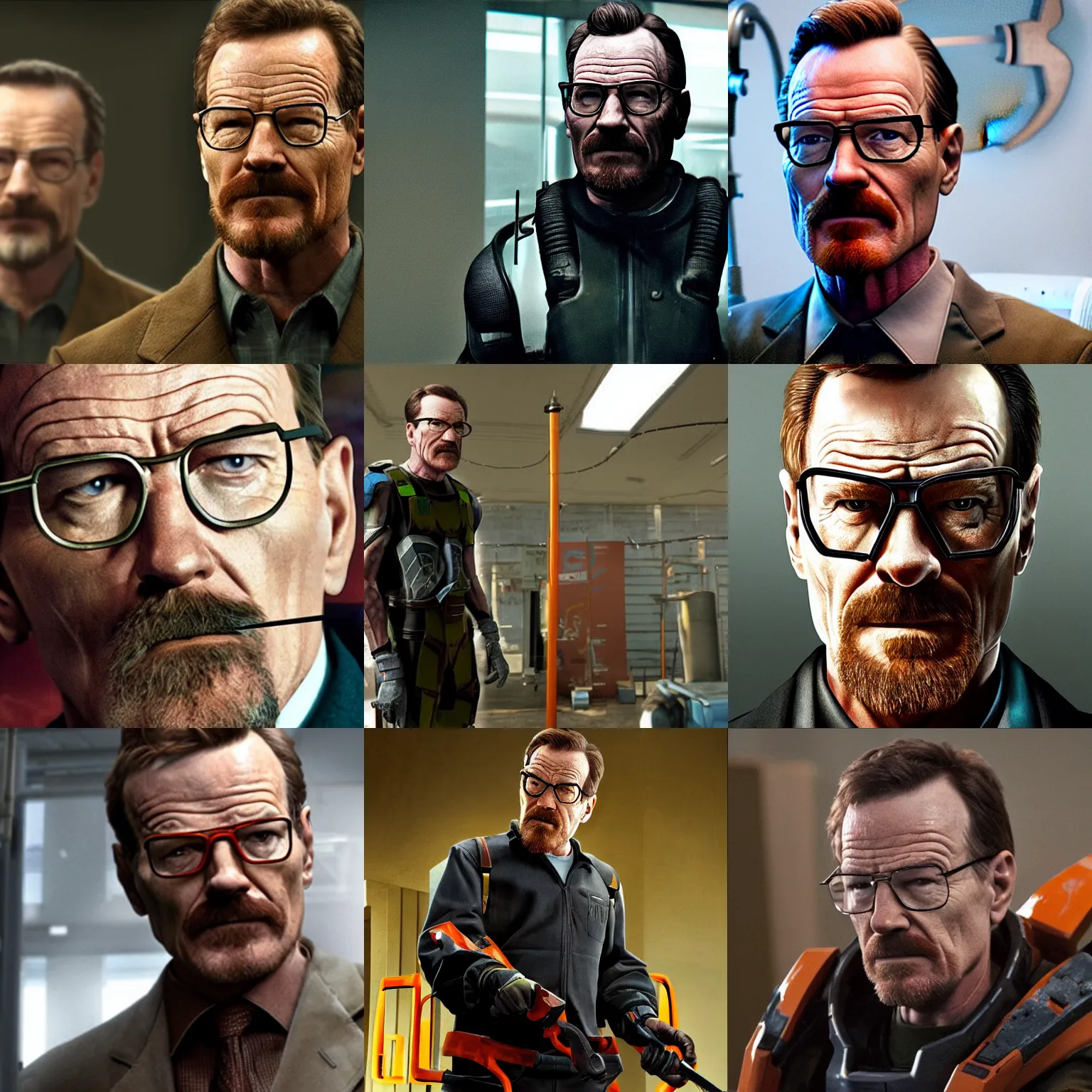 Prompt: Bryan Cranston as Gordon Freeman, still from Half-Life movie