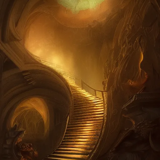 Image similar to stairs connecting heaven and hell , concept art trending on artstation, glowing effect, golden ratio, rule of thirds, illustration, digital painting, hyperreal, hyperdetailed, 8k