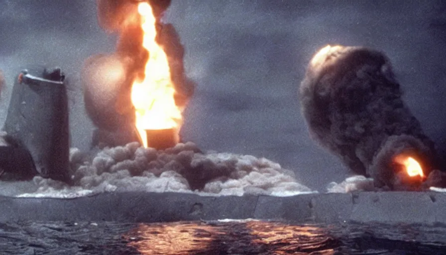 Image similar to Big budget horror movie, at the bottom of the ocean, a submarine explodes