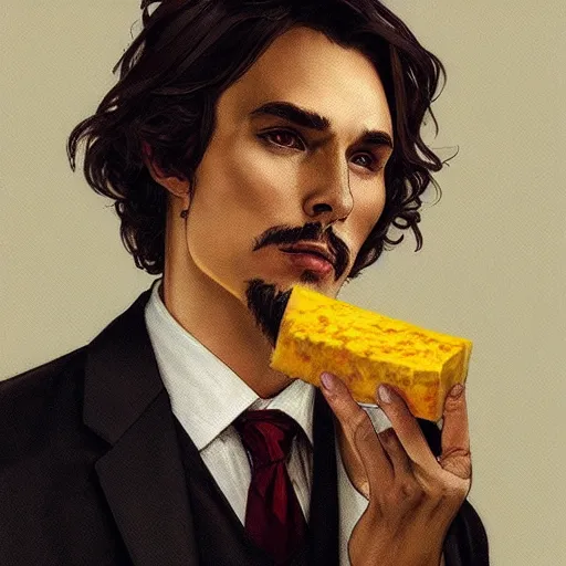Prompt: man wearing a suit made of cheese. he is dressed as a superhero. clean elegant painting, beautiful detailed face. by artgerm and greg rutkowski and alphonse mucha
