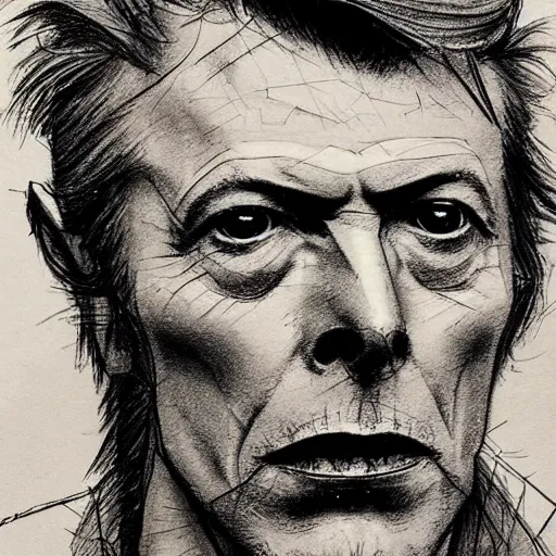 Prompt: a realistic yet scraggly portrait sketch of the side profile of a stern and sophisticated david bowie, trending on artstation, intricate details, in the style of frank auerbach, in the style of sergio aragones, in the style of martin ansin, in the style of david aja, in the style of mattias adolfsson