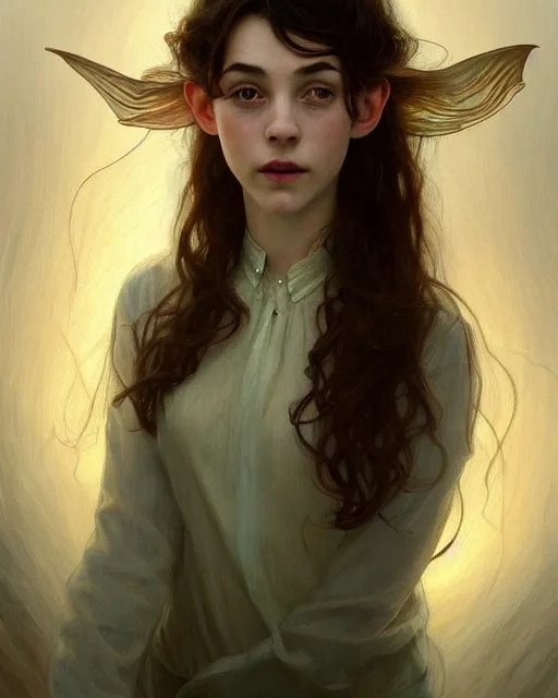 Image similar to !dream portrait of a welsh teenage girl with brown hair, glowing skin, delicate features, quiet beauty, amelie poulain, elfin beauty, fantasy, intricate, elegant, dress shirt, highly detailed, digital painting, artstation, concept art, smooth, sharp focus, illustration, art by Krenz Cushart and Artem Demura and alphonse mucha