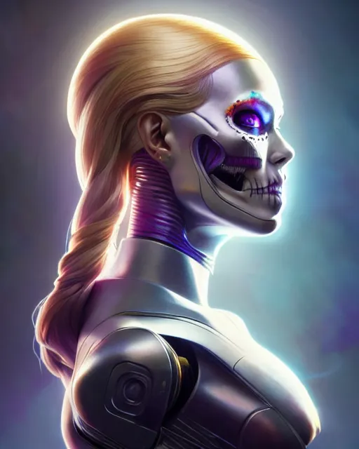 Image similar to side portrait of female android, sharp focus, sci - fi, fantasy art, digital illustration, dia de los muertos. octane render, unreal engine. concept art. art by artgerm and wlop and giger and greg rutkowski and rossdraws and alphonse mucha and gallen - kallela, 8 k, hdr