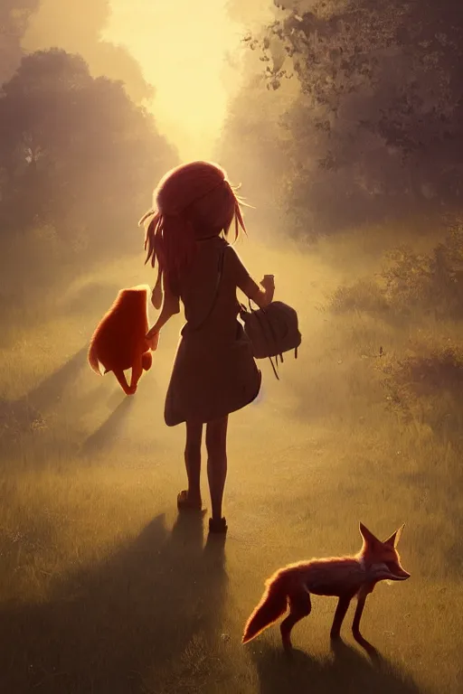 Image similar to a young girl walking to school with her pet fox, matte painting in the style of Greg Rutkowski, early morning light, sunrise, golden hour, trending on artstation