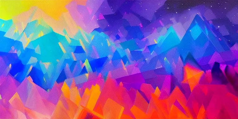 Prompt: a beautiful abstract painting of mountains made of nebula with vibrant colors geometric brushstrokes