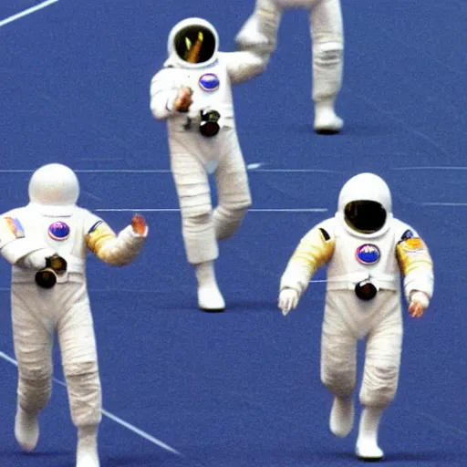 Image similar to 5 space astronauts in spacesuits running in a relay race in a stadium, each astronaut in different colors, olympic relay race. athens games