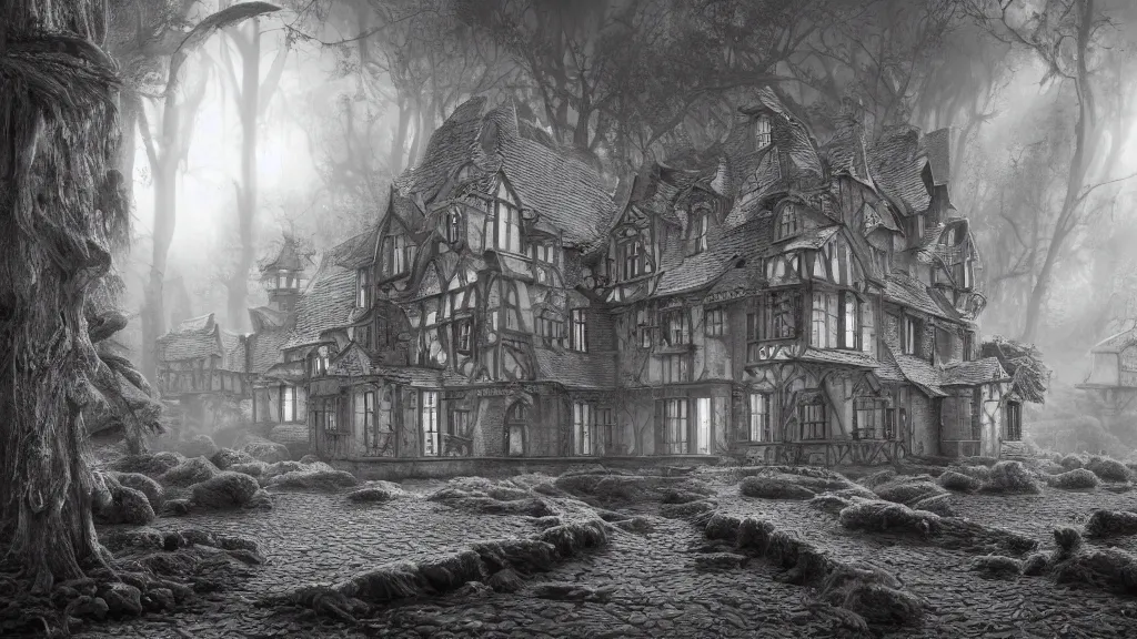 Prompt: a beautiful hyper realistic detailed matte painting of the owl manor, a place where you will be lost in strange room full of optical illusion, dramatic lighting, dynamic lighting, cinematic lighting, dynamic lighting, cinematic lighting, lit by morning light, by maurits cornelis escher, black and white, featured on artstation, ultrawide angle