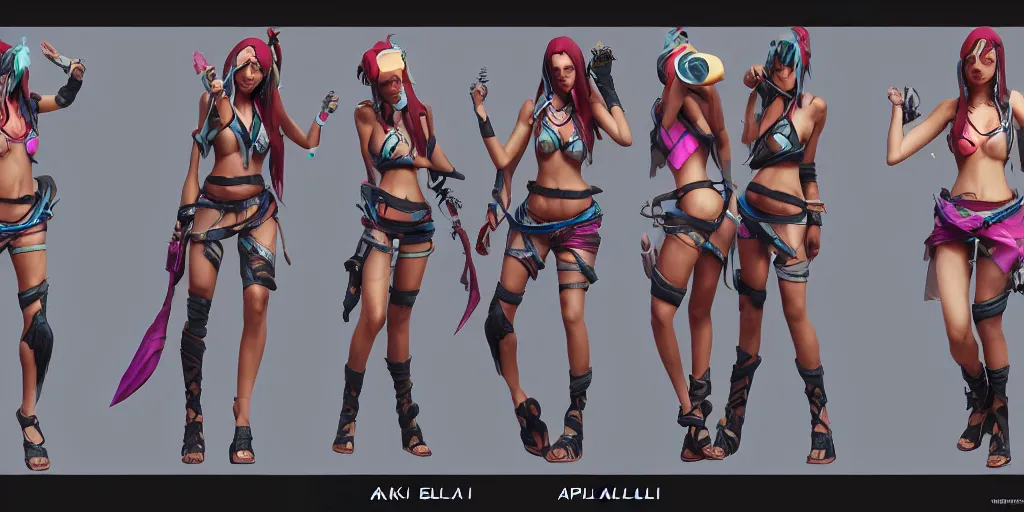 Prompt: beautiful character sheet of pool party Akali (wild rift). 3d render, octane render, realistic, highly detailed, trending on artstation