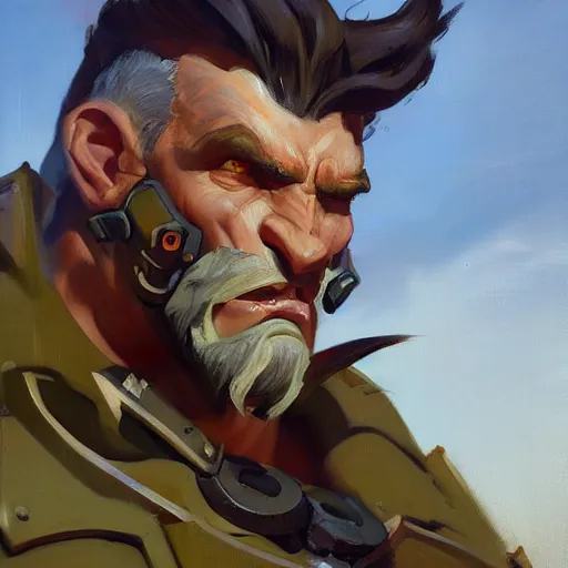 Image similar to greg manchess close - up portrait painting of a handsome older male dieselpunk orc with olive green skin as an overwatch character, medium shot, asymmetrical, profile picture, organic painting, sunny day, matte painting, bold shapes, hard edges, street art, trending on artstation, by huang guangjian and gil elvgren and sachin teng