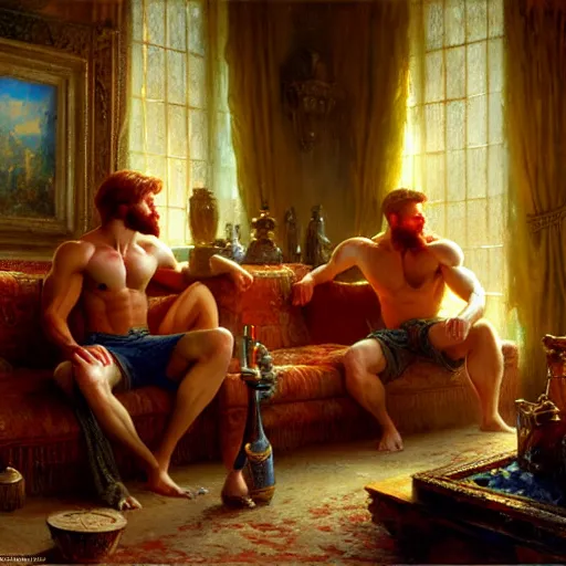 Image similar to attractive muscular mike with ginger hair with attractive tyler with brunet hair, drinking their hearts out, in their noble mansion. image defined to the maximum, highly detailed painting by gaston bussiere, craig mullins 8 k