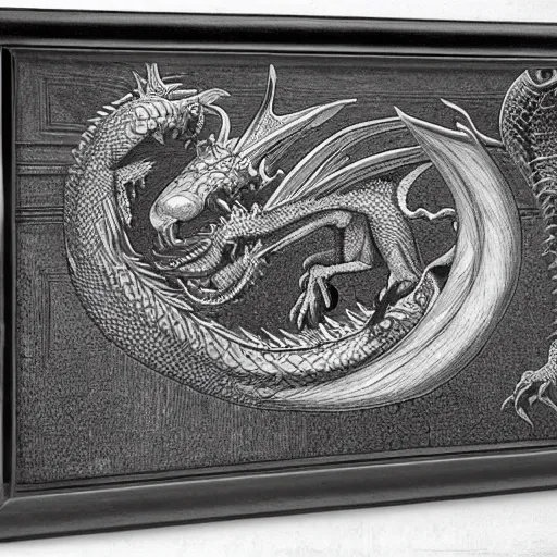 Image similar to xilography of a dragon by escher by gustave dore