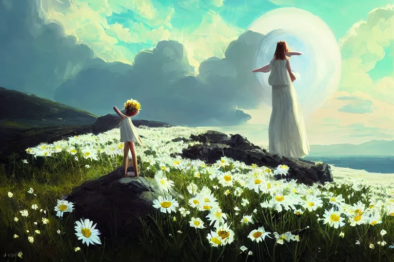 Image similar to giant white daisy flower crown over the head, girl standing on cliff, surreal photography, solar eclipse, milky way, dramatic light, impressionist painting, clouds, digital painting, artstation, james gilleard, liam wong, jeremy mann, simon stalenhag