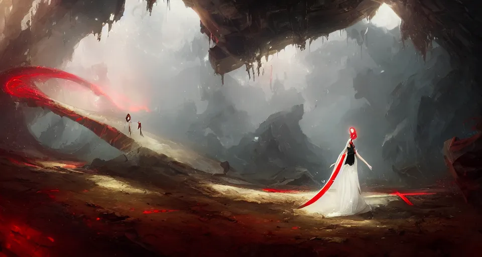 Image similar to a young girl in a white dress falling down a hole with a warping black and red checkerboard pattern by peter mohrbacher, vivid colors, matte painting, 8K, concept art, mystical color scheme, trending on artstation