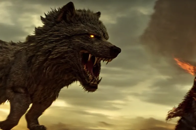 Prompt: still from a fantasy movie, a out of focus man in the foreground, facing a angry dire wolf, muted colors, action, 8 k, depth of field, cinematic, hyperrealistic, movie still frame, promotional image, imax 7 0 mm footage