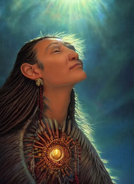 Prompt: a beautiful closeup portrait of an indigenous female shaman receiving particles of loving light energy from above, god rays, designed by dr seuss and michal karcz, by christophe vacher