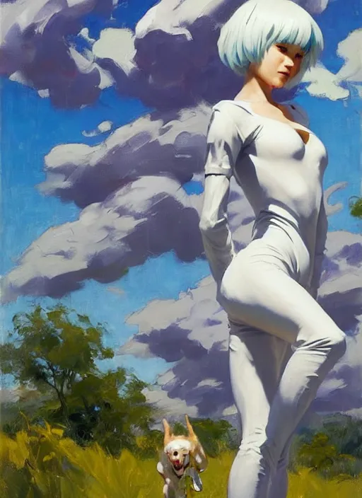 Image similar to Greg Manchess painting of Rei Ayanami in Jumpsuit out with the dogs, countryside, fantasy character portrait, dynamic pose, above view, sunny day, thunder clouds in the sky, artwork by Jeremy Lipkin and Giuseppe Dangelico Pino and Michael Garmash and Rob Rey, very coherent asymmetrical artwork, sharp edges, perfect face, simple form, wacky, 100mm