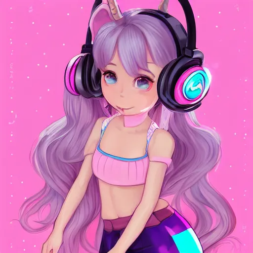 Image similar to !dream very very very beautiful pink gamer girl wearing headphones with a unicorn horn coming out of her head standing in a pink girls room, full body portrait, eye contact, smiling, perfect face, perfect body, extreme long shot, drawn by artgerm