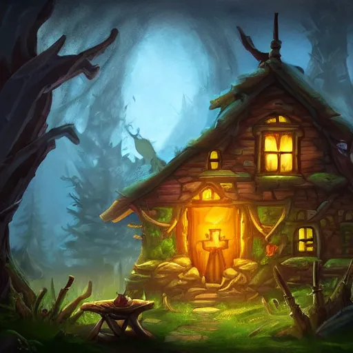 Prompt: a house, a man sitting before the house in the forest, night lighting, in hearthstone art style, epic fantasy style art, fantasy epic digital art, epic fantasy card game art