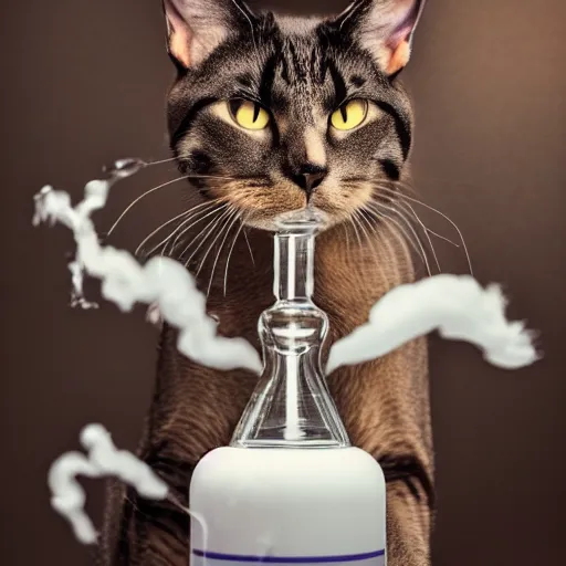 Image similar to a cat exhaling a large hit from her bong, award winning photography