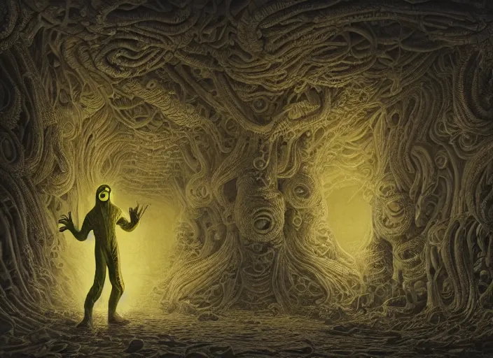 Prompt: a man in a yellow hazmat suit with a highly detailed Cthulhu Eldritch demon with many eyes and tentacles in an underground brutalist storeroom Innsmouth look. highly detailed, intricate, cinematic, wide angle, grime, symmetrical and centered, front facing camera, epic lighting, Unreal engine render in 8k by Szslaw Beksinski and Wayne Barlowe