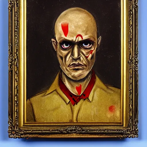 Image similar to portrait of alexander abdulov, with a red eyes, satanic body, head of old man, in blood of sinners, hellish style