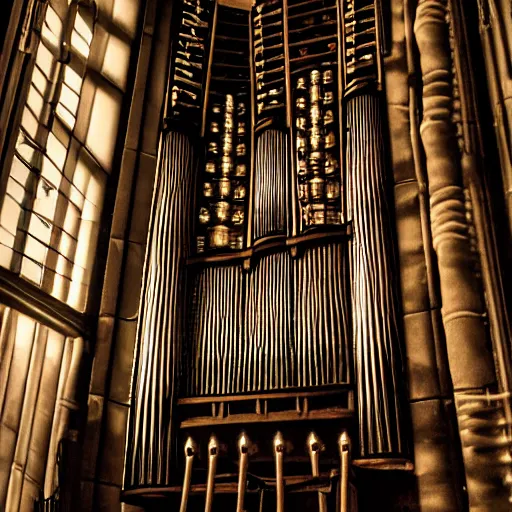 Image similar to two old prompt masters playing on huge scale pipe organ designed by h. r giger, interesting light and shadows effects