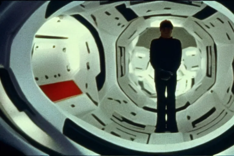 Prompt: scene from Stanley Kubrick\'s 2001: A Space Odyssey, ziggy stardust sees stars in his eyes, amazing cinematography