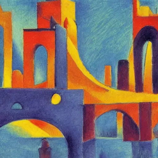 Image similar to A beautiful drawing of a cityscape with tall spires and delicate bridges. Dreamworks, 1930s by August Macke soothing, kaleidoscopic