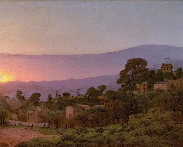 Prompt: spring, sunrise, view over a village in the countryside of Morocco, by Caspar David Friedrich