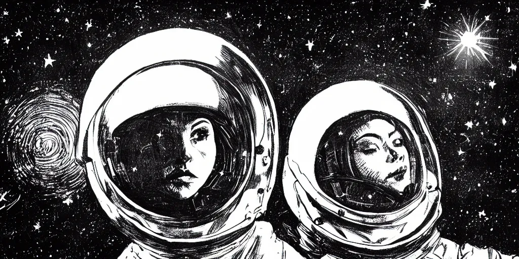 Prompt: etching portrait of a woman wearing a space helmet, scifi, big clouds visible in the background, stars in the sky, high contrast, deep black tones, depth of field, smudges