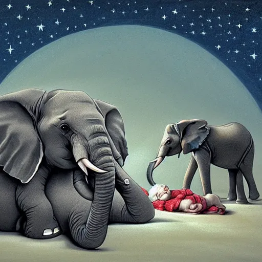 Prompt: two adult elephants and a baby elephant sleeping soundly under a starry sky surrounded by savannah, illustration, detailed, smooth, soft, warm, by Adolf Lachman, Shaun Tan