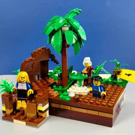 Image similar to lego minifig diorama tropical island palm trees pirates vines monkeys treasure chest god rays