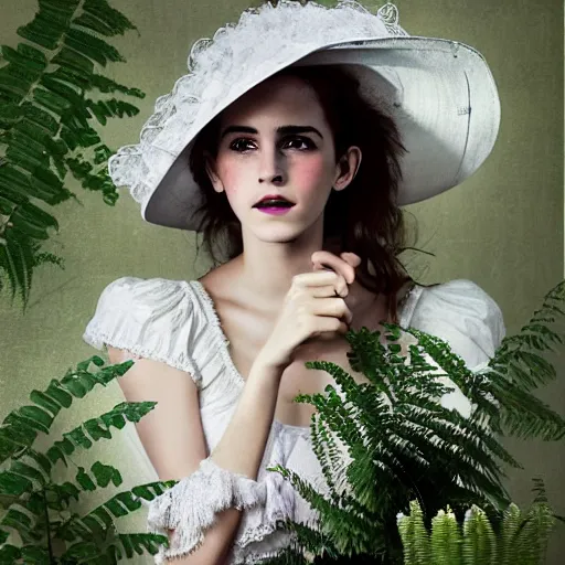Image similar to on worn out canvas textured canvas wall full body fashion model emma watson smokey eyes makeup eye shadow fantasy, glow, shimmer as victorian woman in a long white frilly lace dress and a large white hat having tea in a sunroom filled with flowers, roses and lush fern flowers ,intricate, night, highly detailed, dramatic lighting , high quality