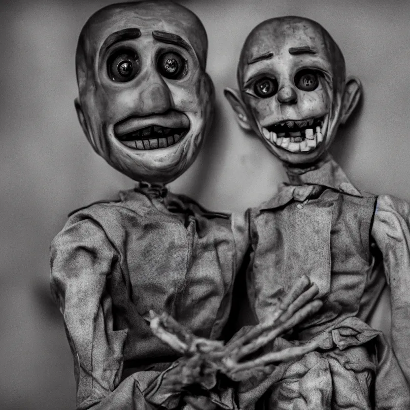 Image similar to creepy ventriloquist dummy in the style of roger ballen, 4 k, bw, portrait