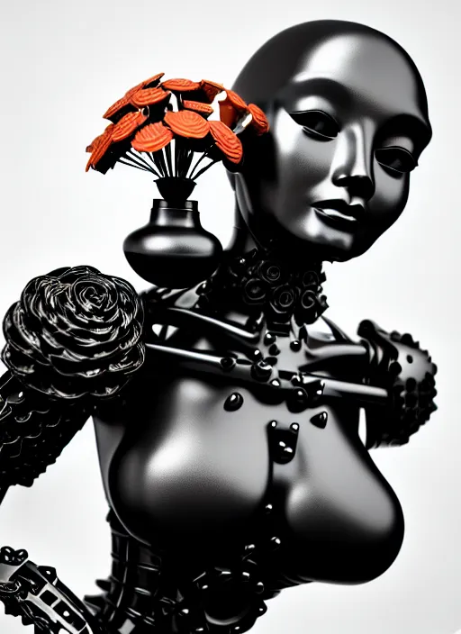 Image similar to elegant biomechanical black statue carrying perfume bottle made of corals, daisies, roses, well contoured smooth fair walls carrying perfume bottle, up close shot, sharp focus, global illumination, radiant light, alexandre ferra white mecha, irakli nadar, octane highly render, 4 k, ultra hd,