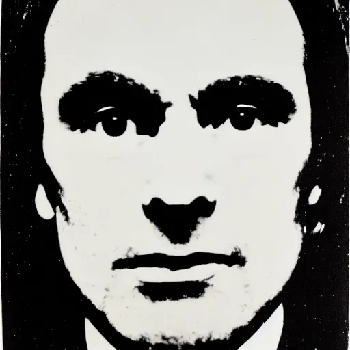 Image similar to individual silk screen portrait of ted bundy by andy warhol