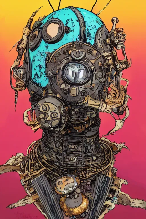 Image similar to Afrofuturism, a zulu voodoo mask helmet bot borderland that looks like it is from Borderlands and by Feng Zhu and Loish and Laurie Greasley, Victo Ngai, Andreas Rocha, John Harris