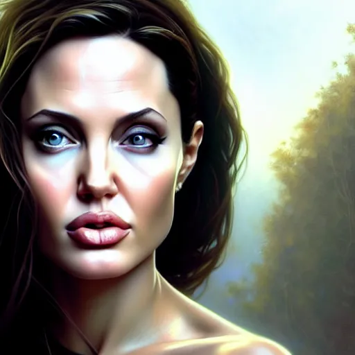 Image similar to beautiful digital painting of young angelina jolie background with high detail, 8 k, stunning detail, photo by artgerm, greg rutkowski and alphonse mucha, unreal engine 5, 4 k uhd