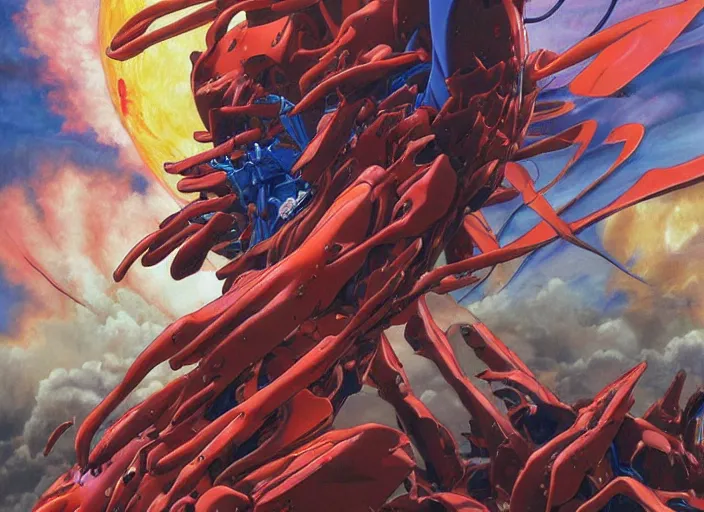 Image similar to third impact evangelion painting by james jean and katsuhiro otomo and erik jones, inspired by akira anime, smooth texture, intricate oil painting, high detail illustration, sharp high detail, long exposure