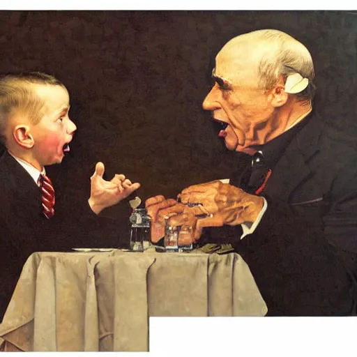 Image similar to an oil painting of two gentlemen arguing , by Norman Rockwell, mashup collage distorded