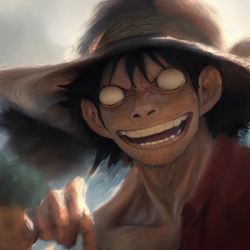 Prompt: closeup portrait of monkey d luffy, realistic portrait, dramatic lighting, trending on artstation, high detail, by greg rutkowski