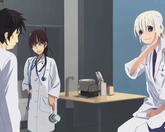 Prompt: a cute young female doctor wearing white coat are talking to a patient in a clinic room, slice of life anime, lighting, anime scenery by Makoto shinkai