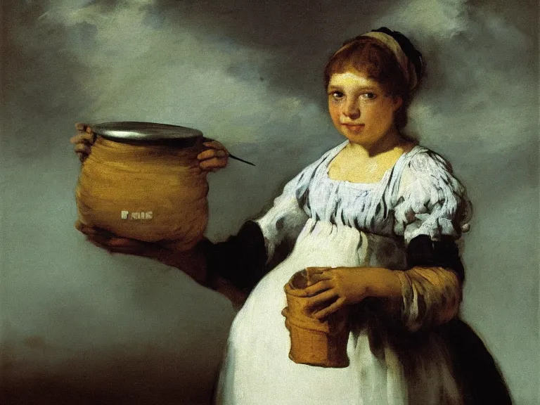 Prompt: The Milkmaid of Bordeaux by Francisco Goya, vaporware, pepe the frog, high detail, high resolution