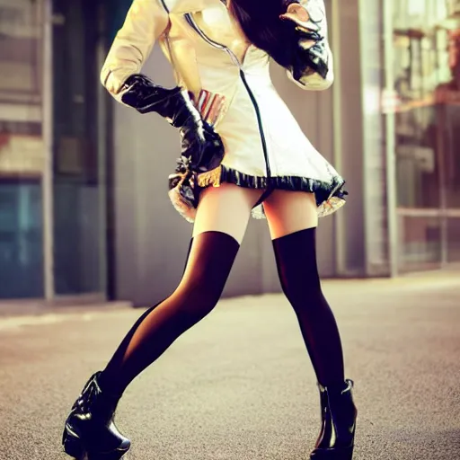 Image similar to a dynamic, epic cinematic 8K HD movie shot of a japanese beautiful cute young J-Pop idol actress yakuza rock star girl wearing leather jacket, miniskirt, nylon tights, high heels boots, gloves and jewelry. Motion, VFX, Inspirational arthouse, at Behance, with Instagram filters