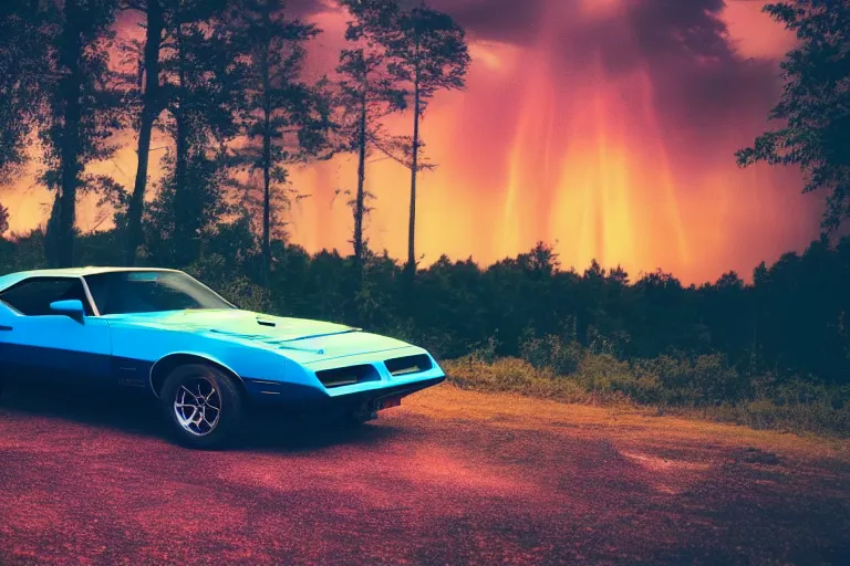 Prompt: pontiac firebird with glowing paint, sunrise, eerie light, fireflies, dog watching the car, dramatic, cinematic, forest, horror, sunbeams, volumetric lighting, wide shot, low angle, lightning storm hitting the car