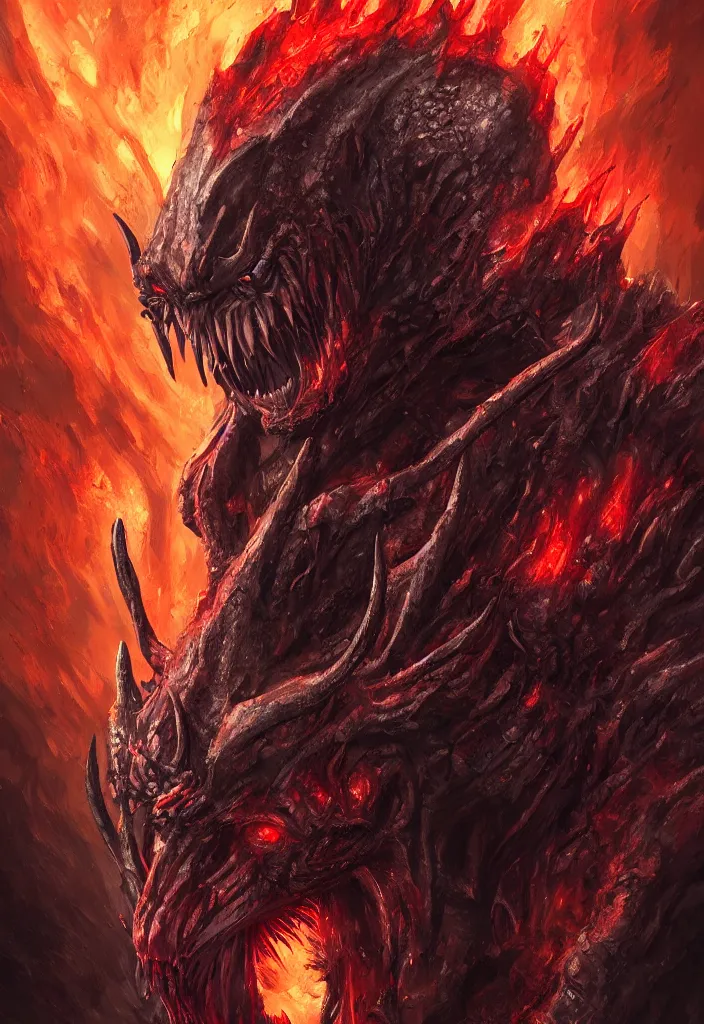 Image similar to a portrait of the predator as a gigantic version of itself as a demon in a fiery hell, eerie, dark, magical, fantasy, trending on artstation, digital art.