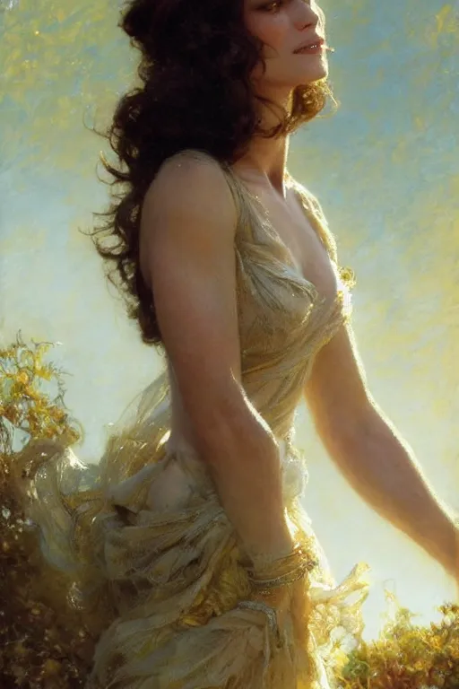 Image similar to detailed realistic cinematic shot of beautiful attractive keira knightley wit slim face symettrical face clean skin, wearing long intricate dress, smooth, sharp focus, ultra realistic, spring light, painting by gaston bussiere, craig mullins, j. c. leyendecker