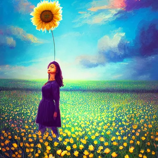 Image similar to girl with a giant daisy head, surreal photography, flower field, sunset dramatic light, impressionist painting, colorful clouds, blue sky, digital painting, artstation, simon stalenhag