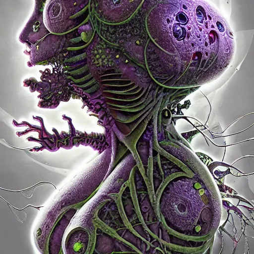 Image similar to highly evolved biomechanical nubile phyrexian dreadnought pregnant borg queen hybrid dotted with small fractal lichens and fungal growth being possessed by the machine spirit, artists tram pararam and doctor seuss with beryl cook and jack kirby, high contrast cinematic light, mystical shadows, sharp focus, octane render